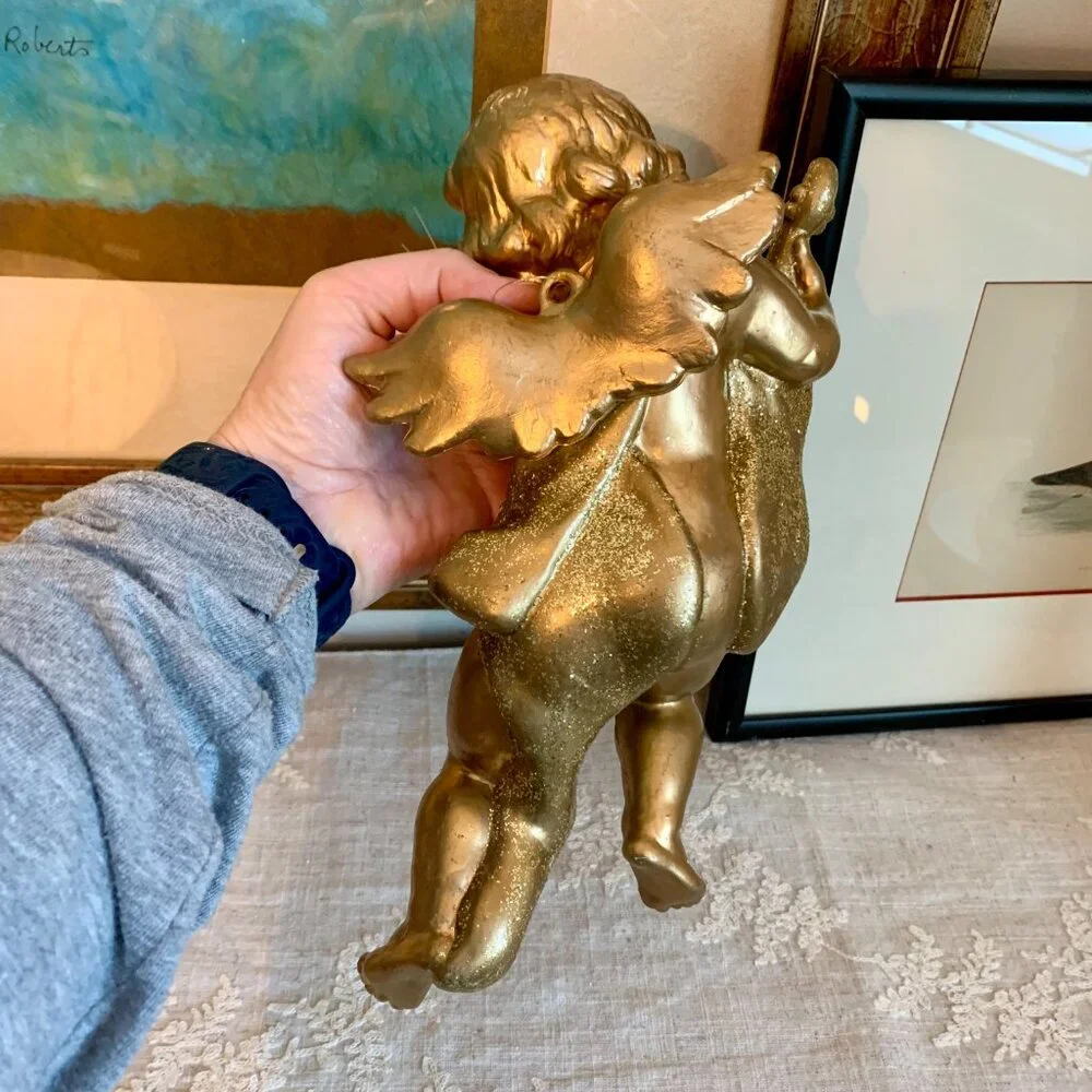 Angel/Cherub Hanging Ornament Vintage Adorable Large Plastic Gold Glittered